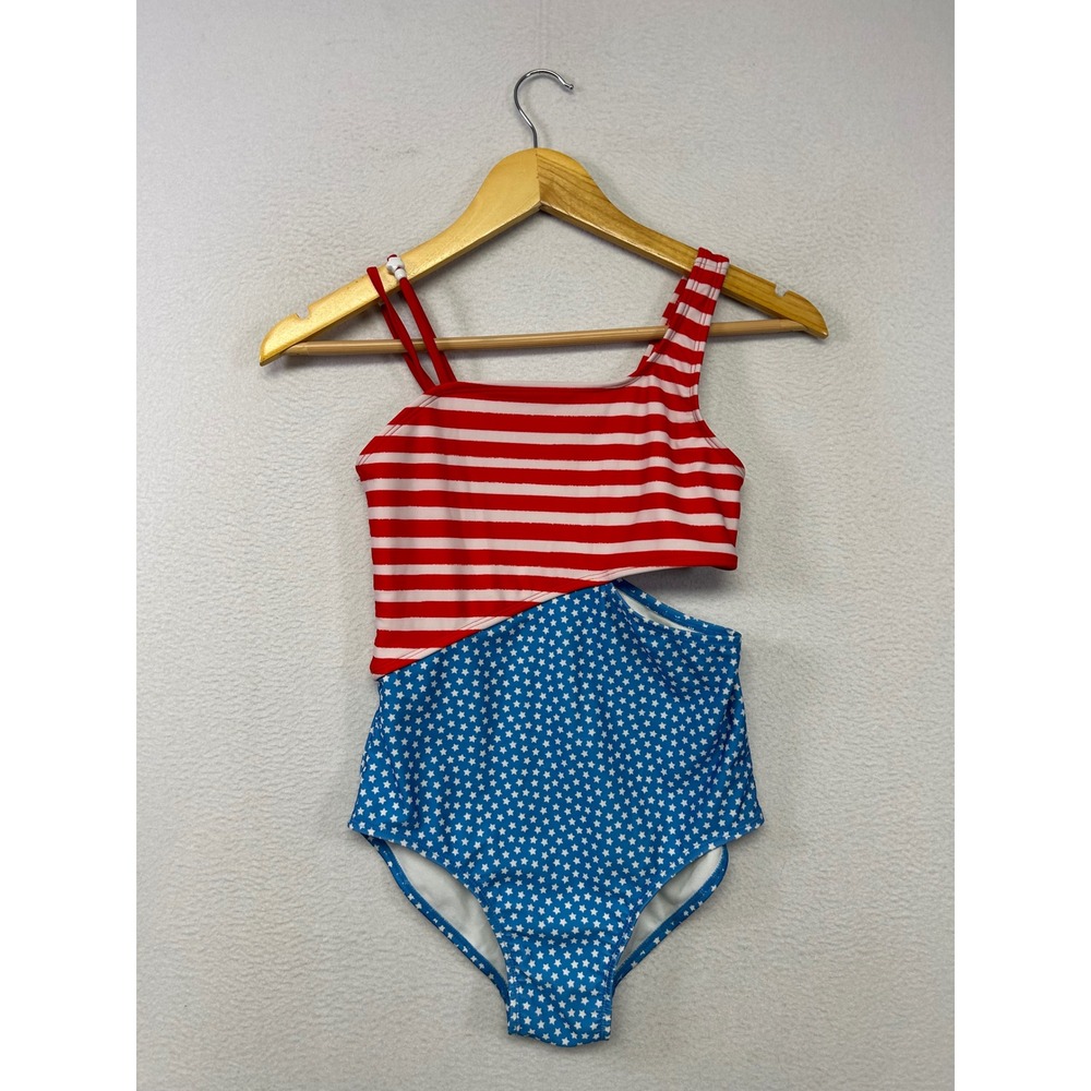 Americana Cat & Jack Girls L 10/12 Red Blue Stars Stripes Cutout Swimsuit